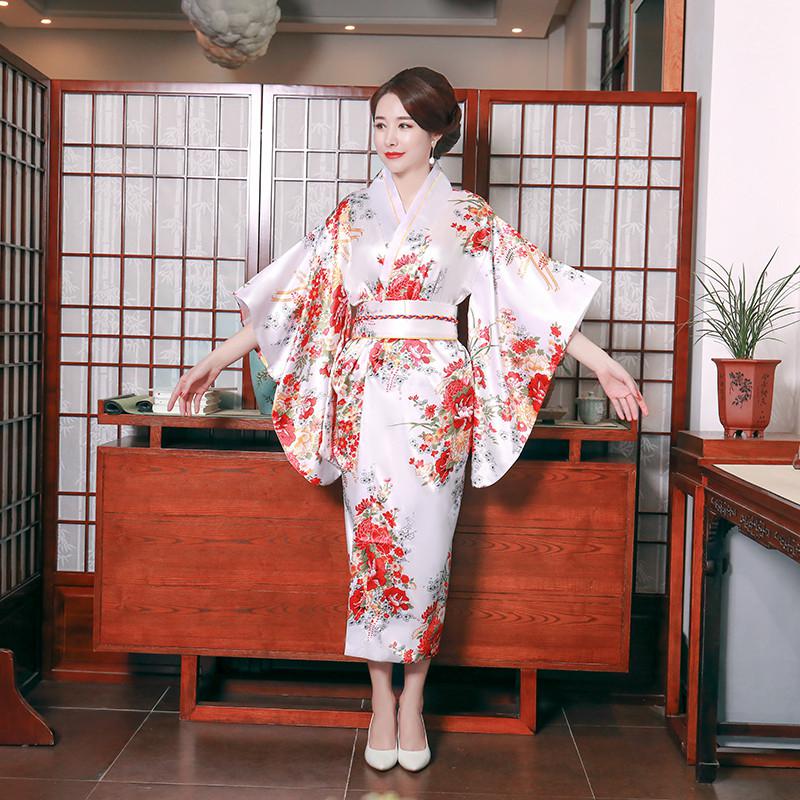 Onesize kvinnlig japansk kimono morgonrock klänning v-ringad satin kvällsfest balklänning vintage cosplay kostym helärmad klänning: Vit 2