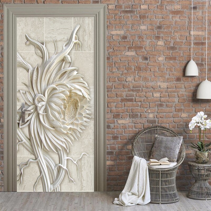 PVC Door Sticker 3D Embossed Sandstone Texture Stone Carving Sunflower Mural Wallpaper Kitchen Restaurant Self-Adhesive Stickers
