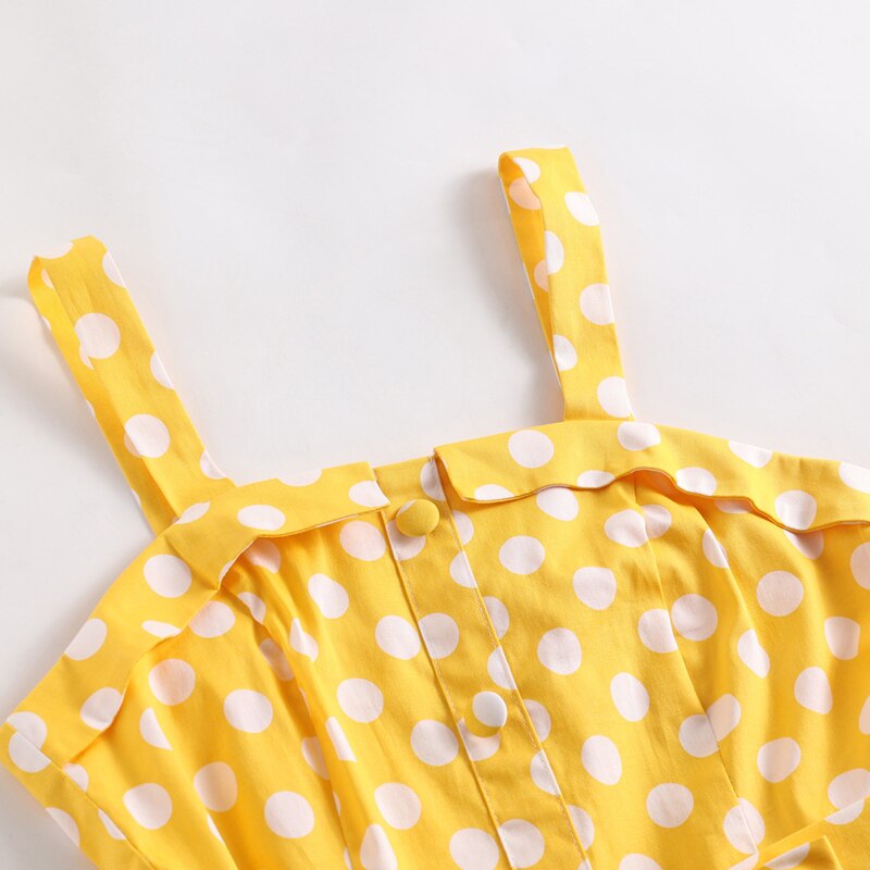 Tonval Yellow 50s Pinup Vintage Button Front Polka Dot Summer Tank Dresses Women Party Belted Cotton Midi Dress