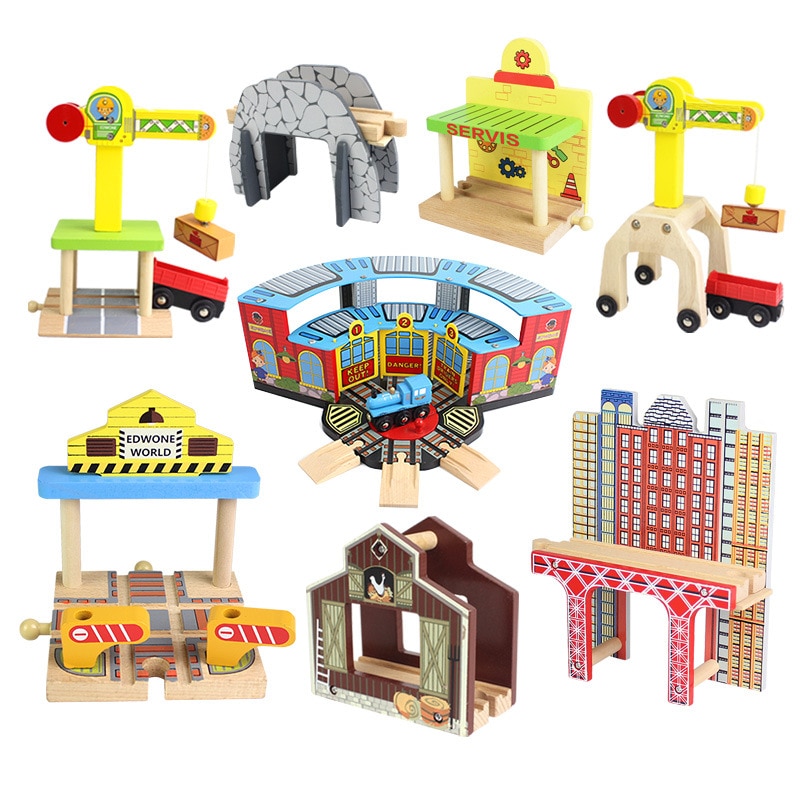 Diy Beech Wooden Train Toy Track Bridge Tunnel Railway Station House Accessories Educational Toys for Children Kids