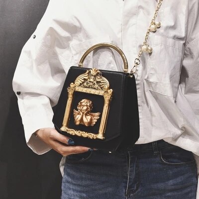 Barokke engel cupido doosvormige ketting schoudertas voor vrouwen portemonnees en handtassen feest clutch avondtas bruiloft portemonnee: Zwart