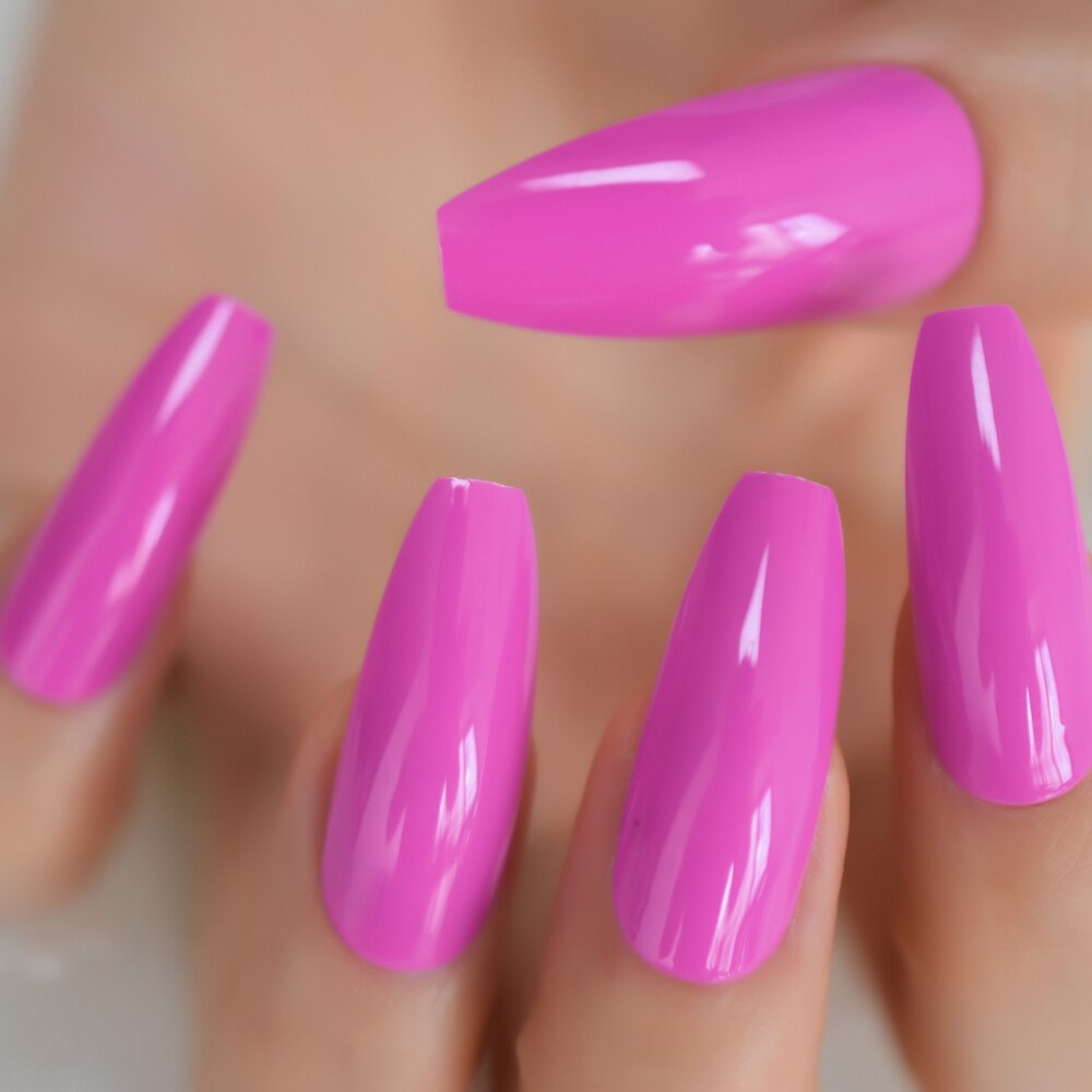 Rosa extra lång kista form lösnaglar uv glans yta neon enfärgad akryl konstgjorda nagelspetsar 24