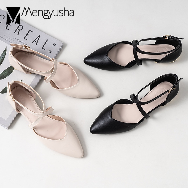 cross narrow band flat shoes woman pointed toe D'orsay ballet flats 34-43 big size OL working shoes woman metal heel mules