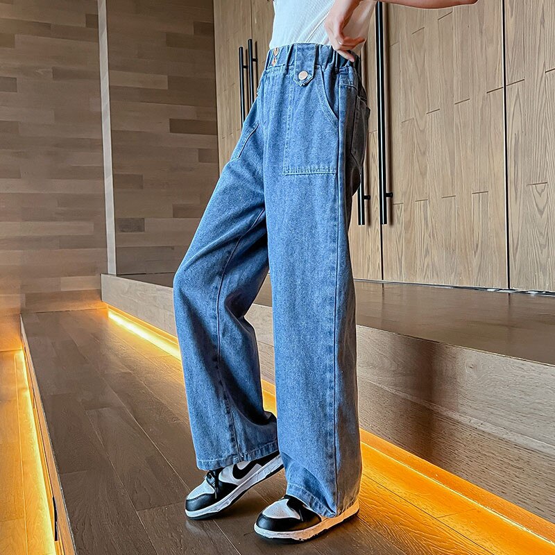 Pantalones vaqueros de pierna ancha para niñas, Jeans rectos con botones, holgados, informales, a la , para adolescentes, primavera 2022