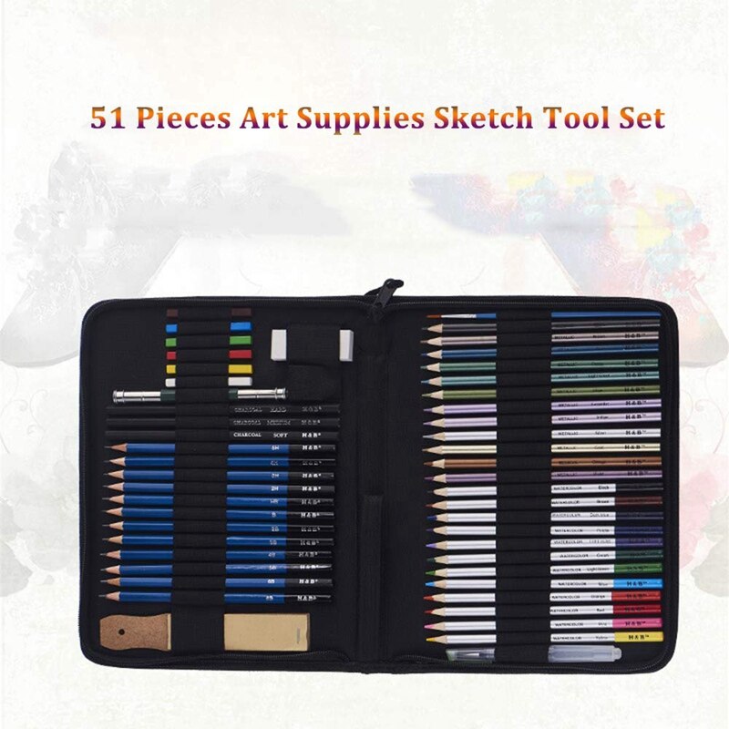 H & B 51 unids/set Kit de dibujo lápiz de madera dibujando lápices boceto de arte suministros de pintura con bolsa de transporte