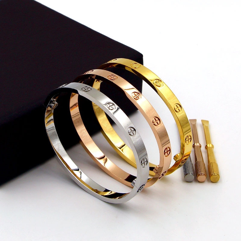 Luxury Titanium Steel Classic Crystals Cross Bangles Women Men Screwdriver Wristband Bangle Couple Gold Love Screw Bangles B038