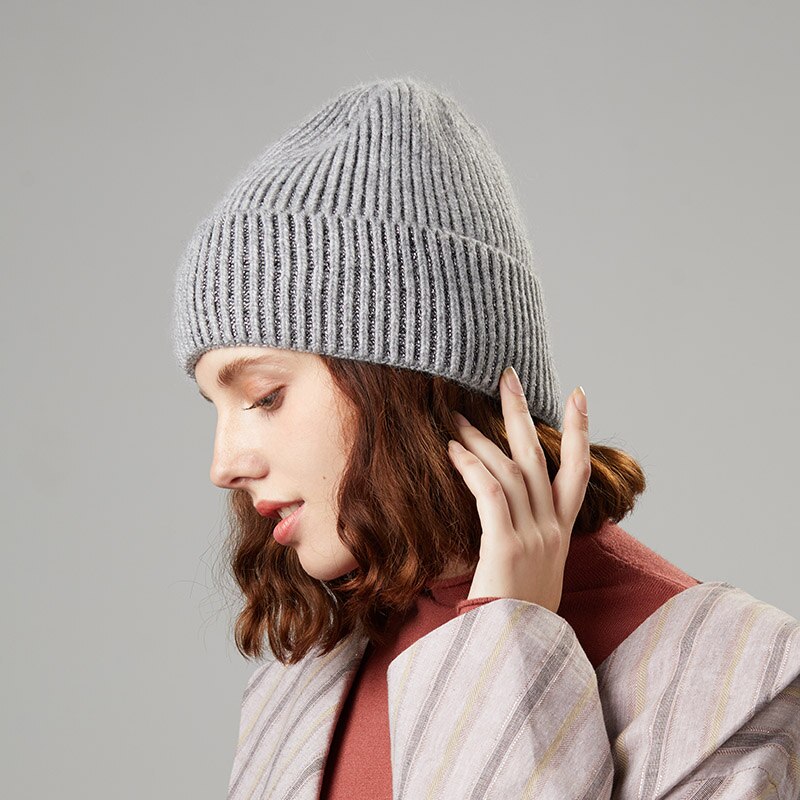 Kvinnliga mössor vintermössor för kvinnor kaninhår casual höststickad mössa tjejmössa mjuk mössa: Grå