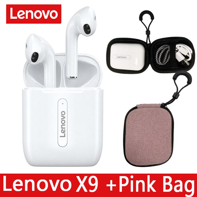 Lenovo X9 True Wireless bluetooth 5.0 Earphone Touch Control Dynamic HIFI Stereo Earbuds Handsfree Sport Headset 300mAh: White ad pink Bag