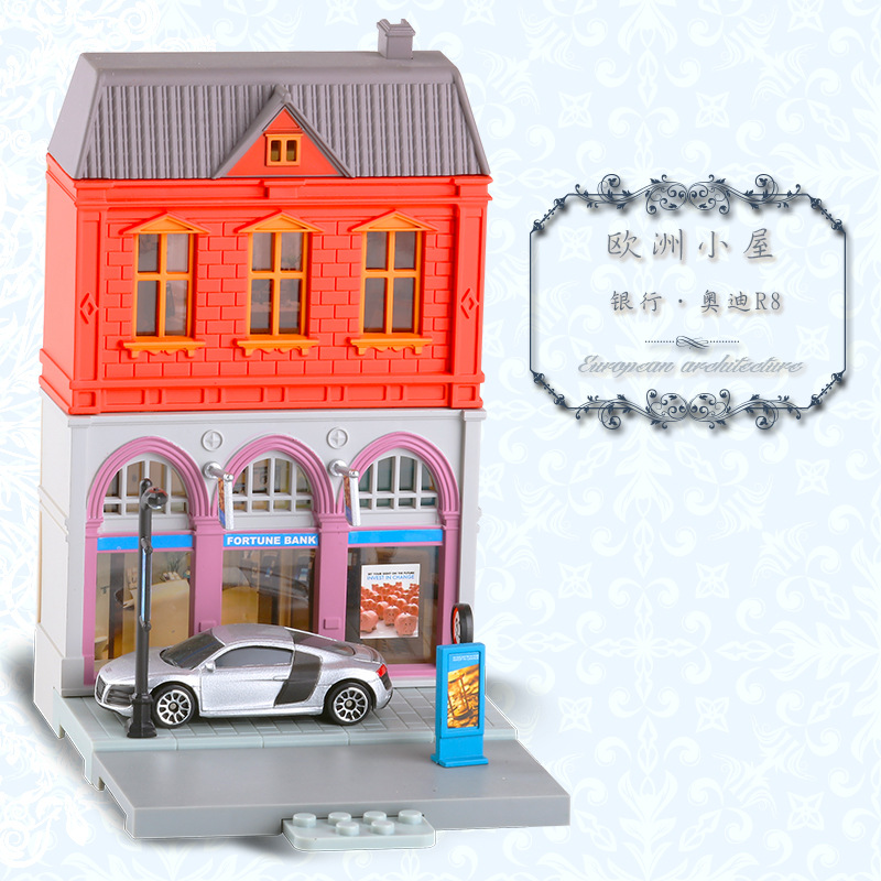 High Simulation 1:64 RMZ city Diorama Education Model Building Kits Toy DIY European house Diecast Metal Cars for children: Bank