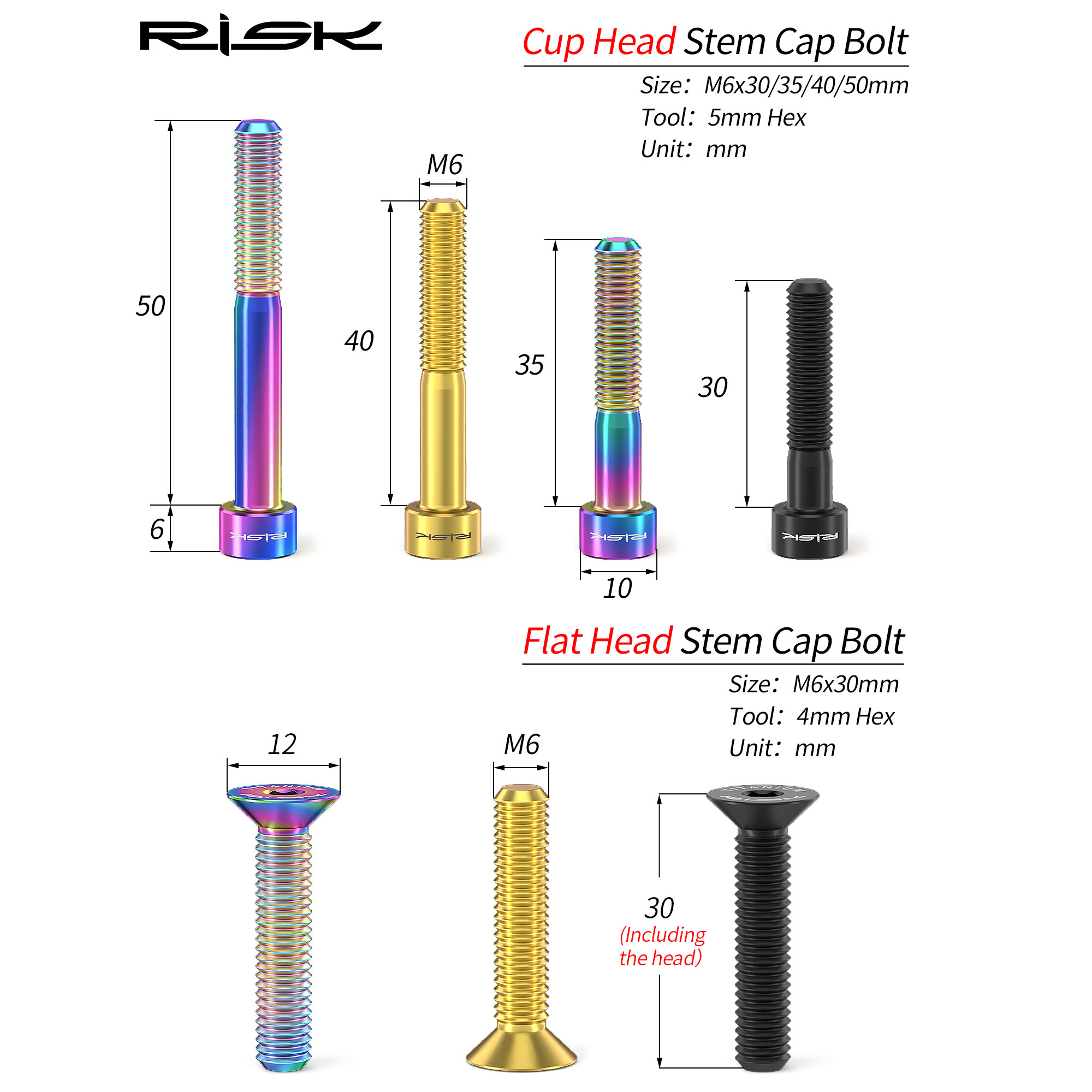RISK Bicycle Titanium Bolt Screw M6x30 M6x35 M6x40 M6x50 for Bicycle Headset Stem Cap Cover Disc Brake Caliper Flat Allen Head