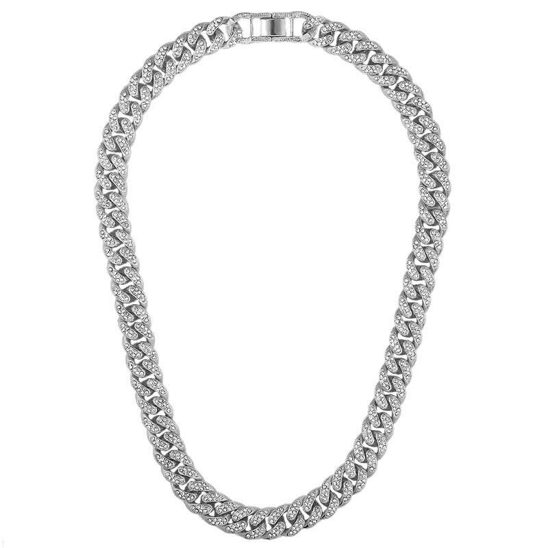 iced out Rhinestone Pave Cuban Link Necklaces Chains For women Gold Silver Color Bling Bling Jewelry Hiphop Mens Choker: 036402SL