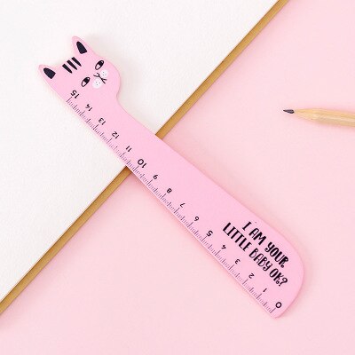 Cute Korean Cat Ruler Student Stationery Wooden 15cm Scale Measuring Ruler Girl Drawing Tool School Office Supplies: Pink