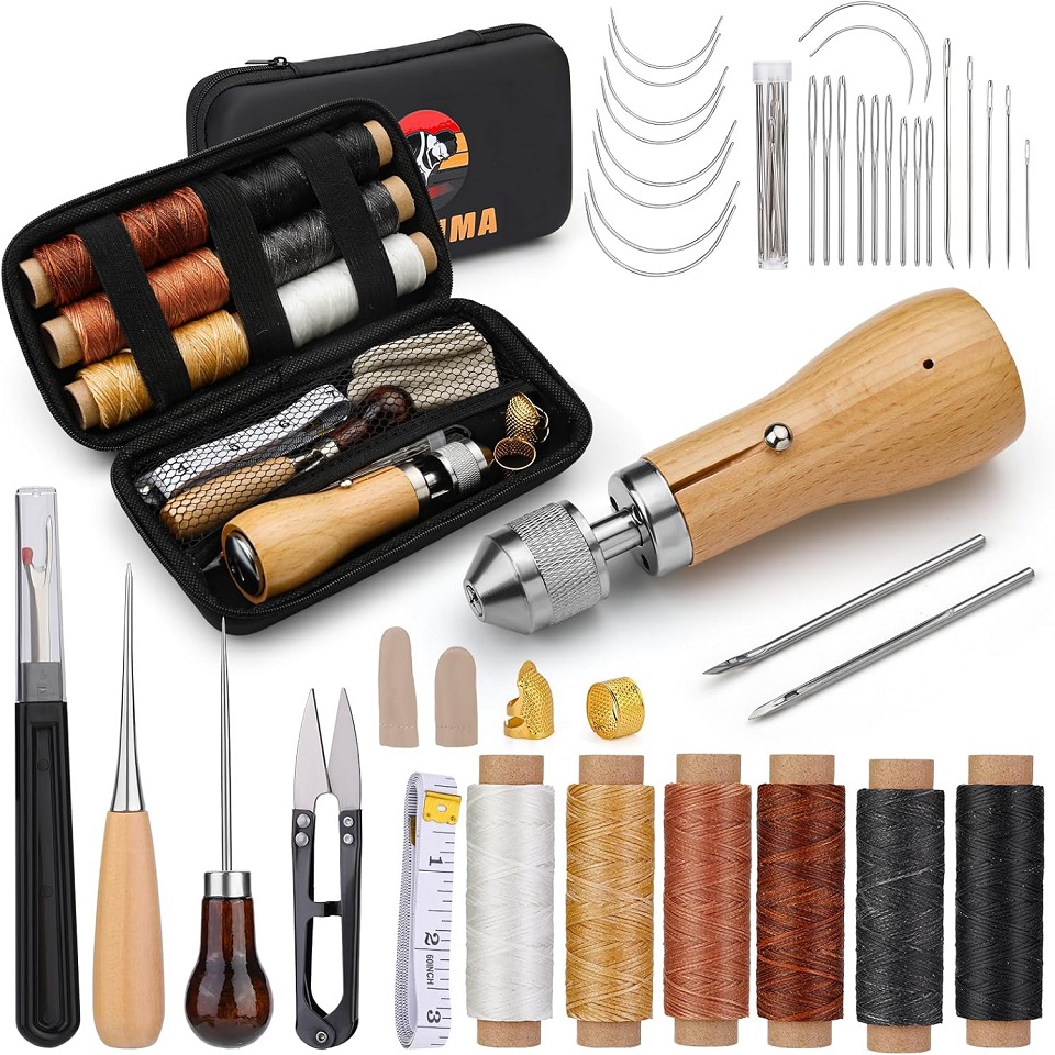 Kraball 40 peças kit de ferramentas de costura de couro com linha encerada furador de costura portátil e bolsa de armazenamento conjunto de acessórios artesanais diy