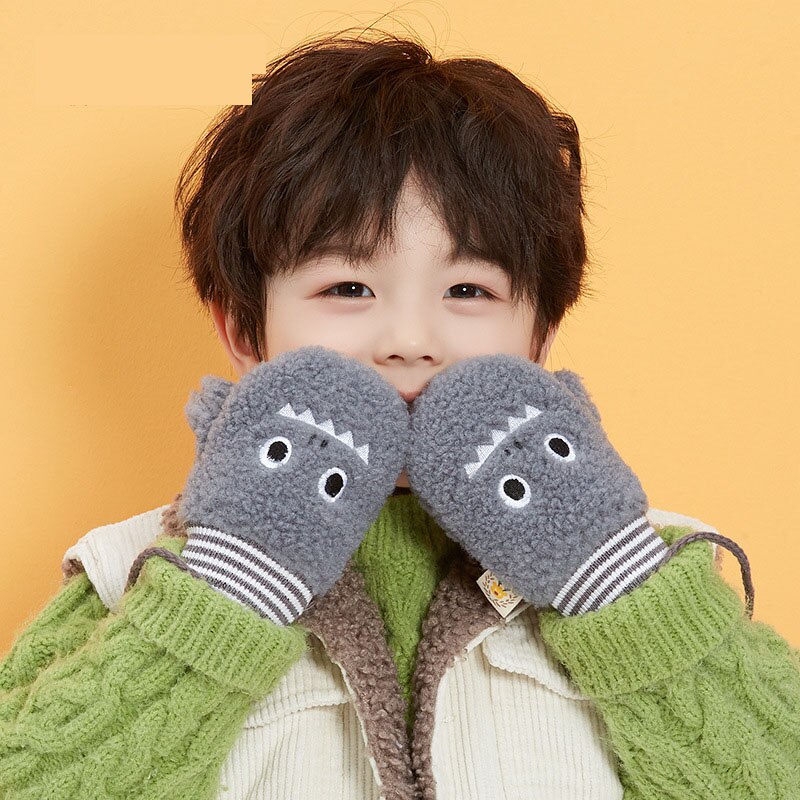 Products For Autumn And Winter Children'S Mittens Cute Warm And Cold-Proof Plus Cashmere Anti-Lost Gloves