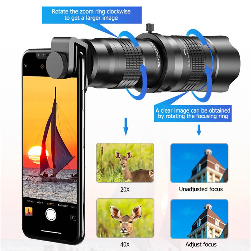 Optionele Hd 20x-40x Zoom Telescoop Telelens Monoculaire Mobiele Lens + Selfie Statief Voor Samsung Iphone Alle Smartphones