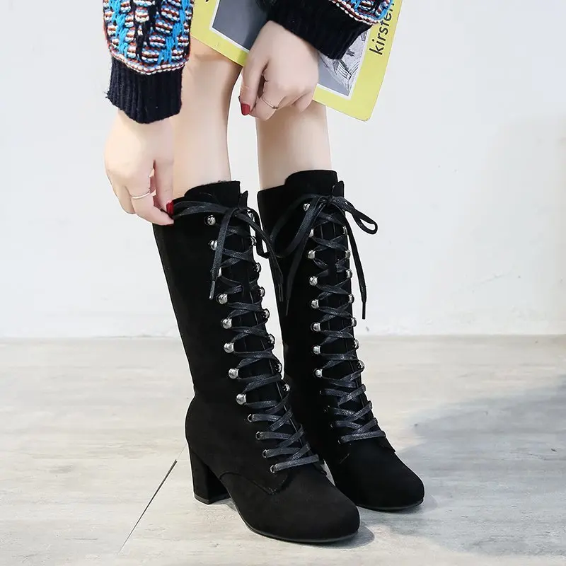 Kniehohe Stiefel Winter Frauen Schuhe Reißverschluss Hohe Ferse Hohe Stiefel NäHenne Starke Ferse Damen Stiefel Neue Schwarz