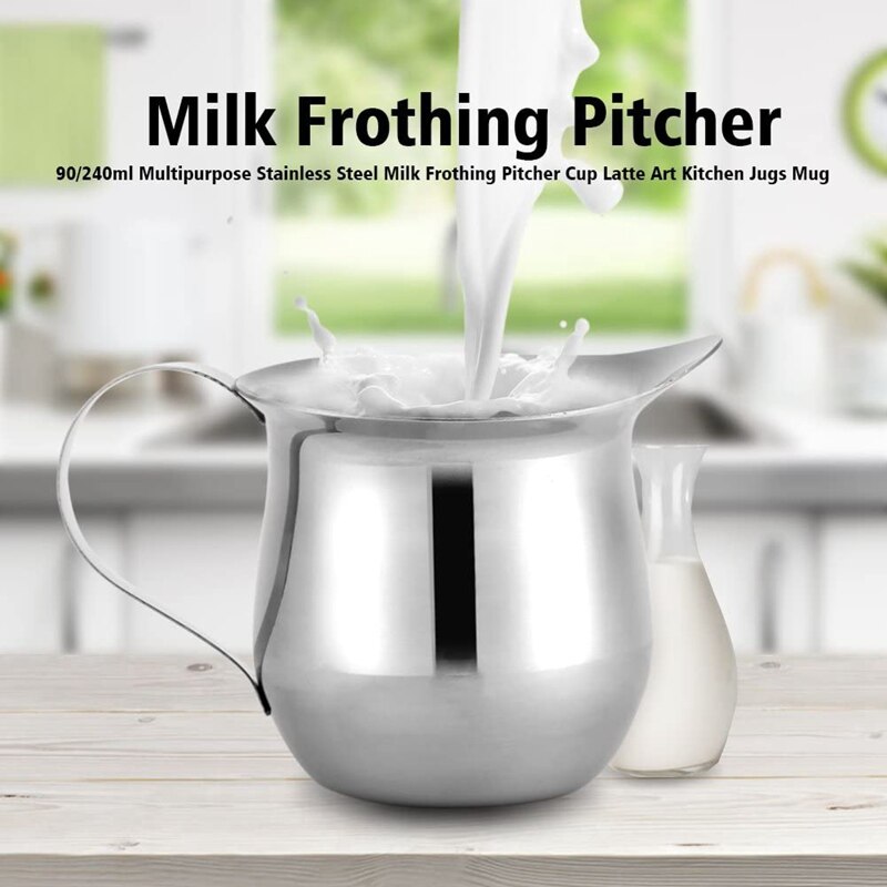 Milk Frothing Pitcher Cup 240Ml And 90Ml, Mirror Finish Stainless Steel Kitchen Cup, Wide Mouth With Pouring Spout
