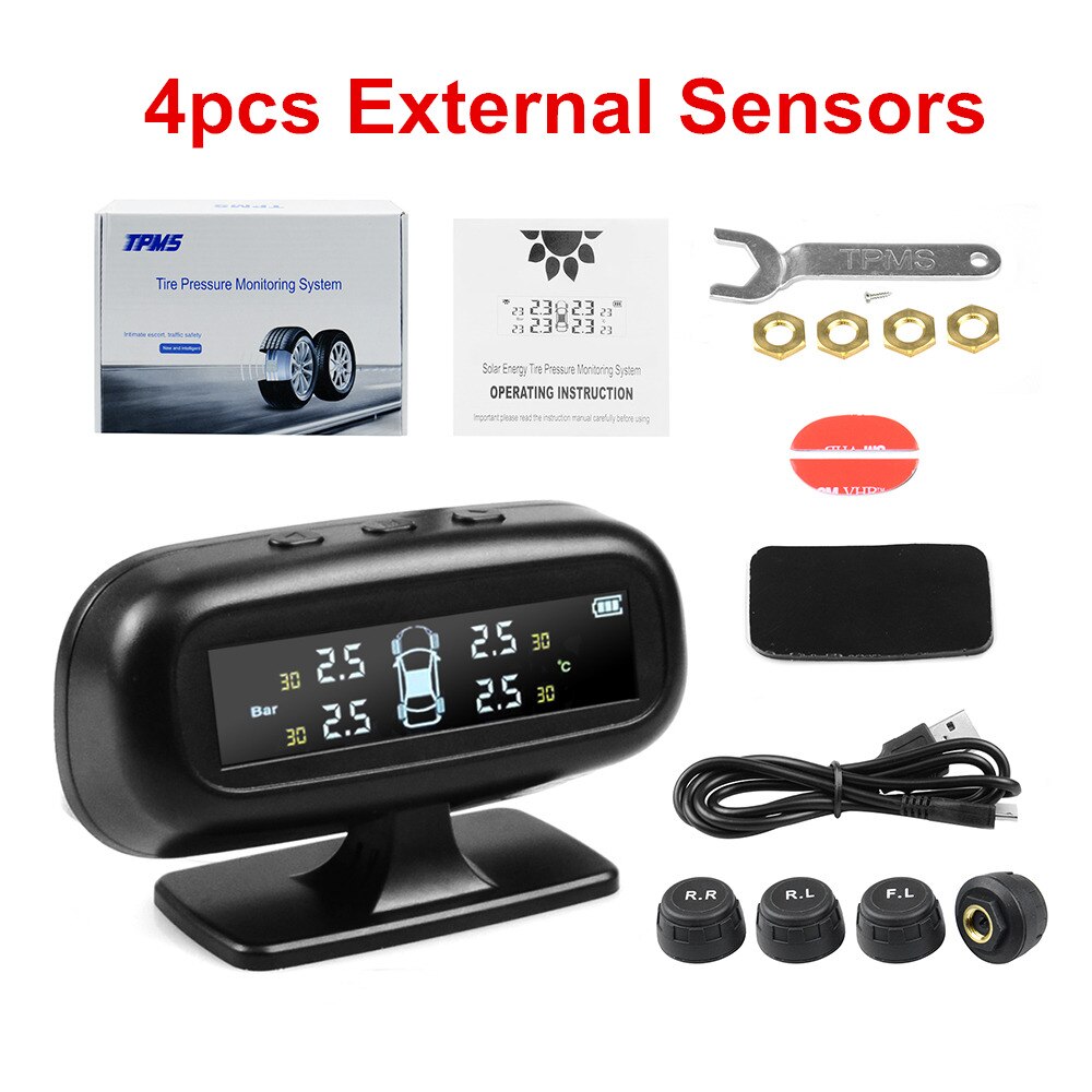 Auto TPMS Bandenspanning Alarm Monitoring Systeem Tyre Pressure Sensor Auto Beveiliging Alarm monitor Systeem Zonne-energie opladen: 4pcs External Sensor