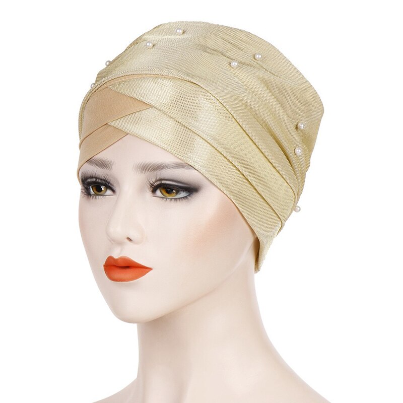 Shiny Pearl Head Scarf for muslim women turban bonnet hijab Caps white pearl Inner hijabs femme musulman arab wrap turbantes: Beige