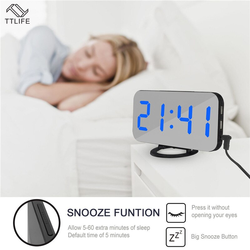 Electric Digital Alarm Clock Mirror LED Display Voice Control Multifunction Snooze Digital Table/Desk Clocks Words USB Charge