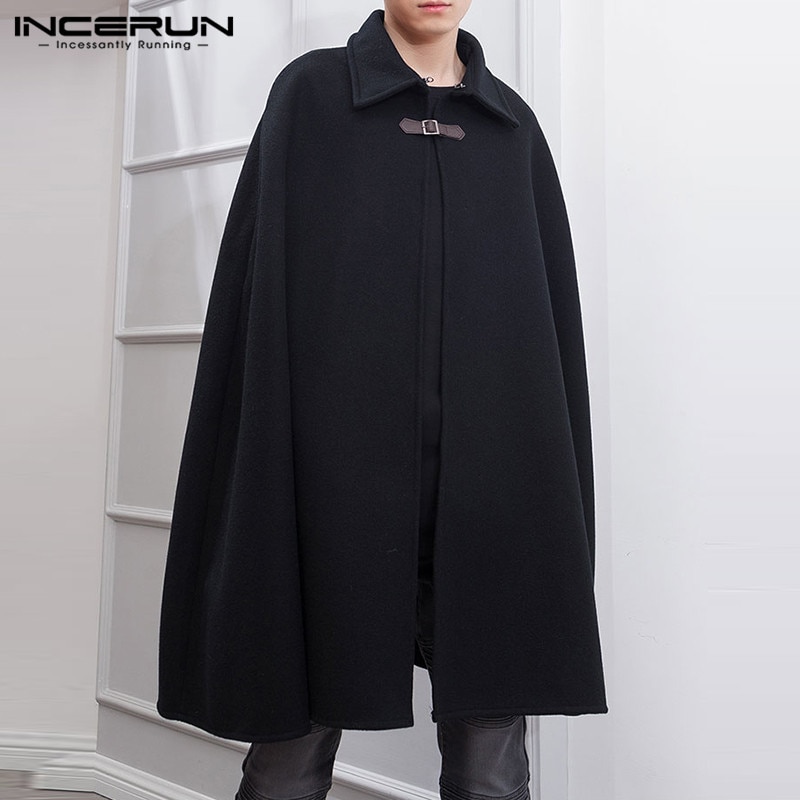 INCERUN 2022 Men Cloak Coats Solid Color Streetwear Lapel Cape Trench Winter Chic Faux Blends Overcoat Men Jackets S-5XL