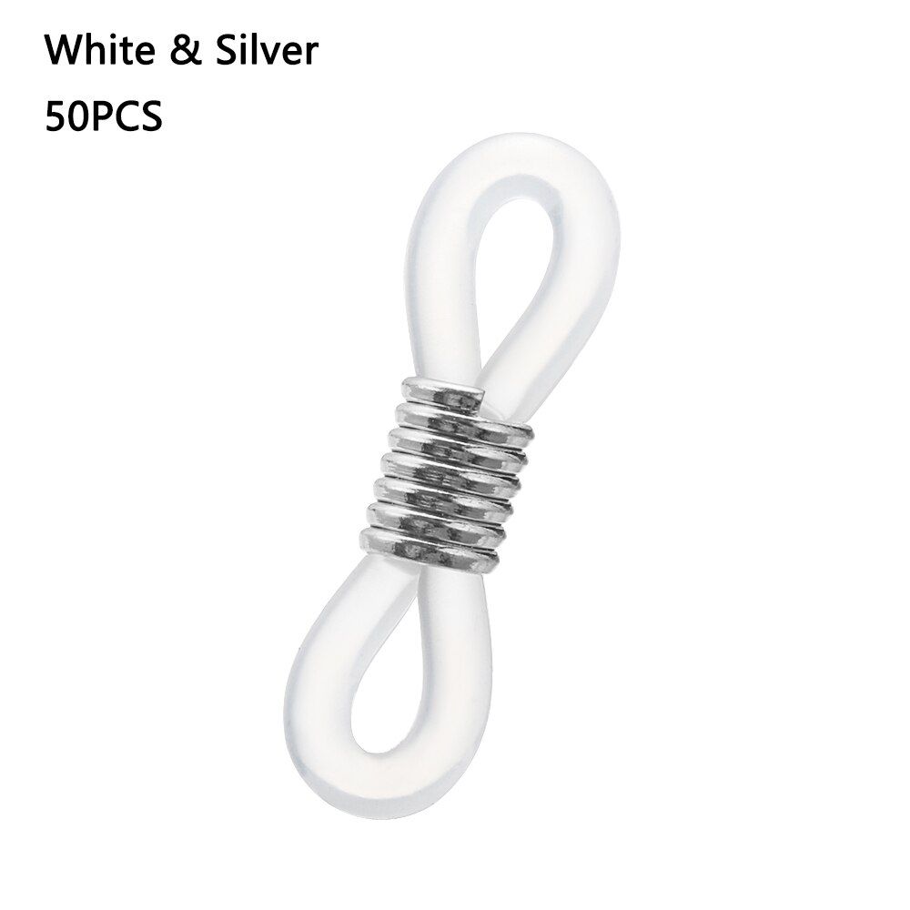 50 Uds. De extremos de cadena para anteojos, retenedor de goma ajustable, soporte de correa para anteojos, antideslizante, conectores de extremos para gafas de sol: white silver