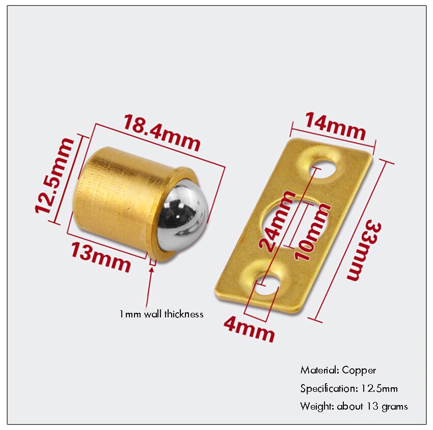 10PCS/Lot Brass Plated Closet Door Drive-in Ball Catch w/ Strike Plate, Ball Catch Door Hardware for Closet, Cabinet, Furniture: 12.5mm with Plate