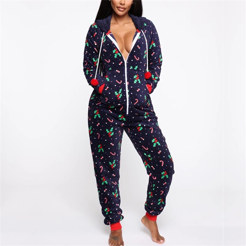 Women Christmas Pajamas Suit Printed Sleepwear Xmas Hooded Nightwear Pyjamas One Piece Female Winter Warm Homewear: Navy Blue / XL