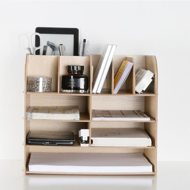 DIY Wood Hand Made Desk Organizer Office School Supplies Desk Accessories Organizer 13 Blocks File Tray Book Holder Storage Tray