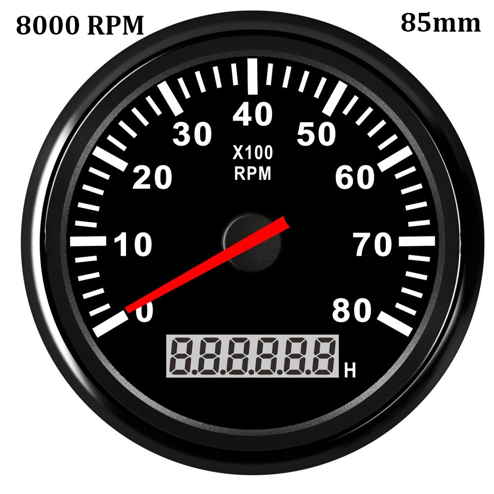 8000 rpm Tachometer Boat Car Marine Tacho Gauge with LCD Hourmeter 85mm Tachometer Diesel &amp;Gasoline Engine RPM Gauge 9~32V: 8000 rpm Black