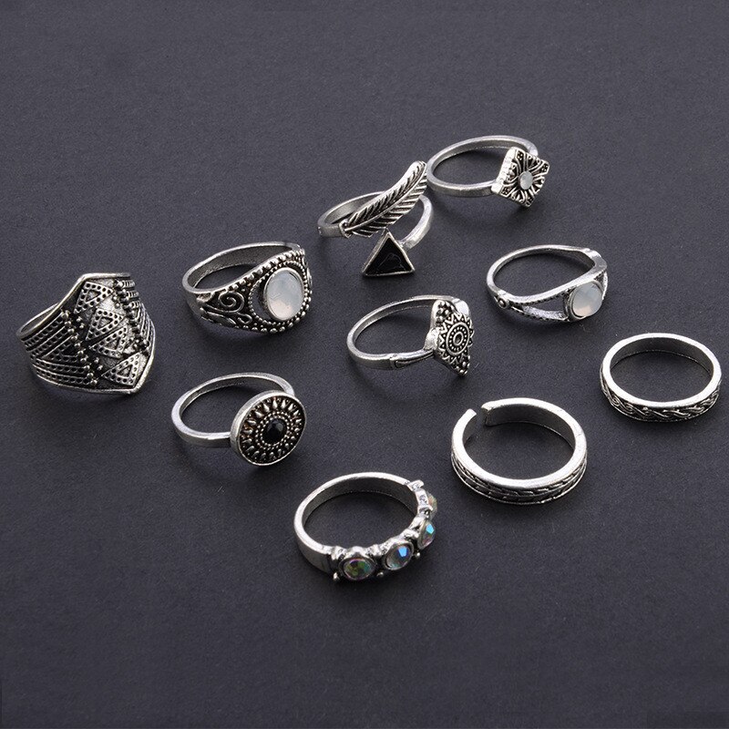 Yobest Bohemian 10pcs/Pack Vintage Blue stone Rings Lucky Stackable Midi Rings Set Knuckle Ring Rings for Women Jewelry Party