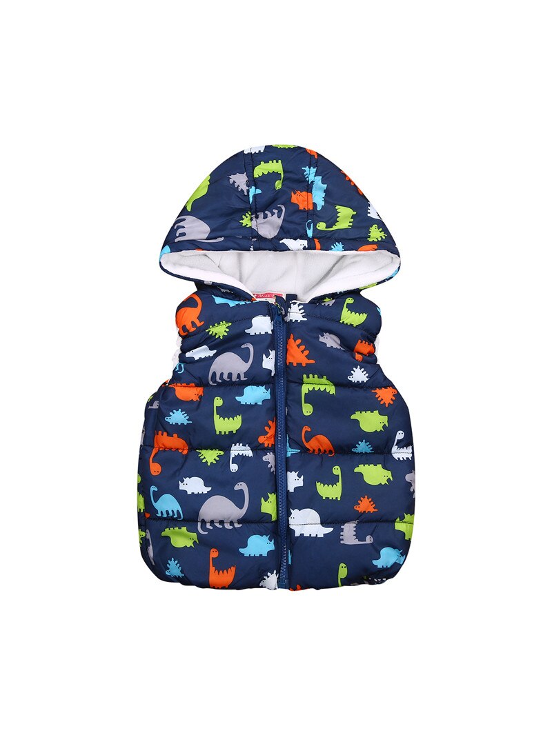 Kleine Jongen Buitenste Dragen Hooded Vest Herfst En Winter Warm Dinosaurus Gedrukt Rits Open Jacket