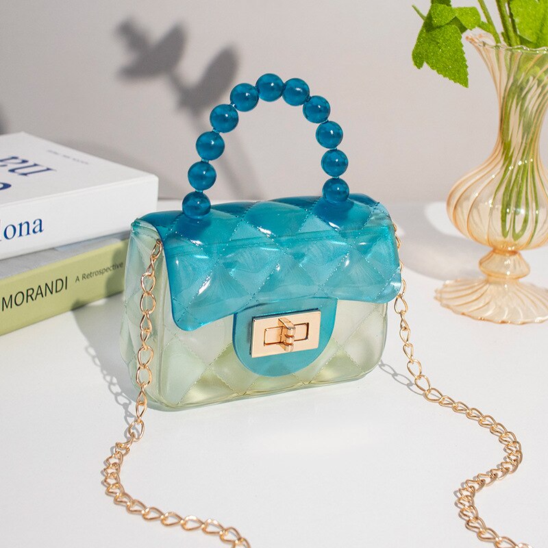 Mini sac à main en perles pour femmes, de petits sacs carrés en gelée, pochette à bandoulière de styliste avec chaînes de luxe: light blue