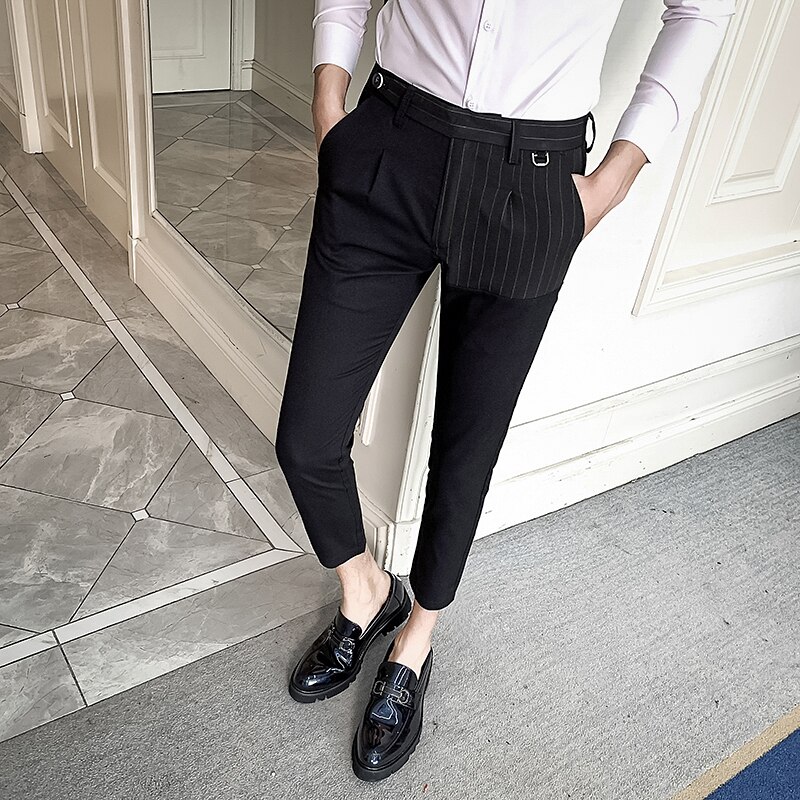 Spring dress bukser mænd ankellang slim fit splejset stribet lomme formelle bukser til mænd streetwear kontorbukser mænd