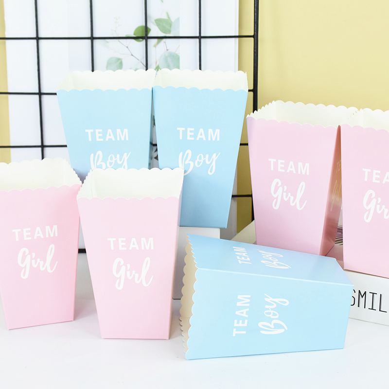 6pcs Gender Reveal Boy or Girl Popcorn Box Team Boy Girl Candy Treat Box Baby Shower Birthday Party Decor Packaging Supplies