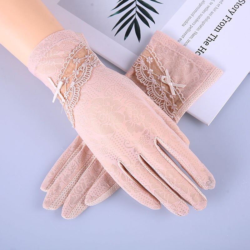 Vrouwen Zomer Boog-Knoop Outdoor Touchscreen Vinger Handschoenen Ijs Zijde Kant Zonnebrandcrème Anti-Slip Rijden Handschoenen: Beige
