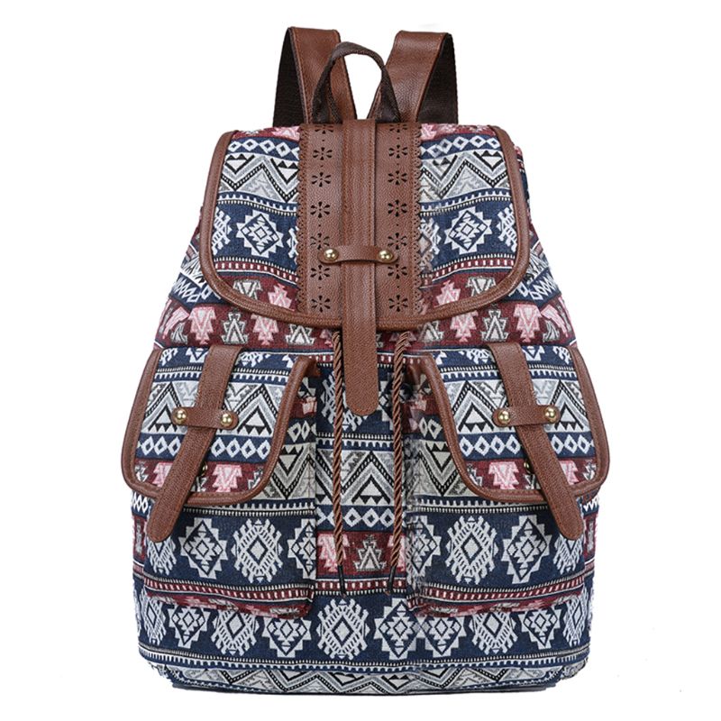 Vintage Print Canvas Ethnic Backpack for Women Girls School Drawstring Bohemia Travel Rucksack: 3TT903793-5