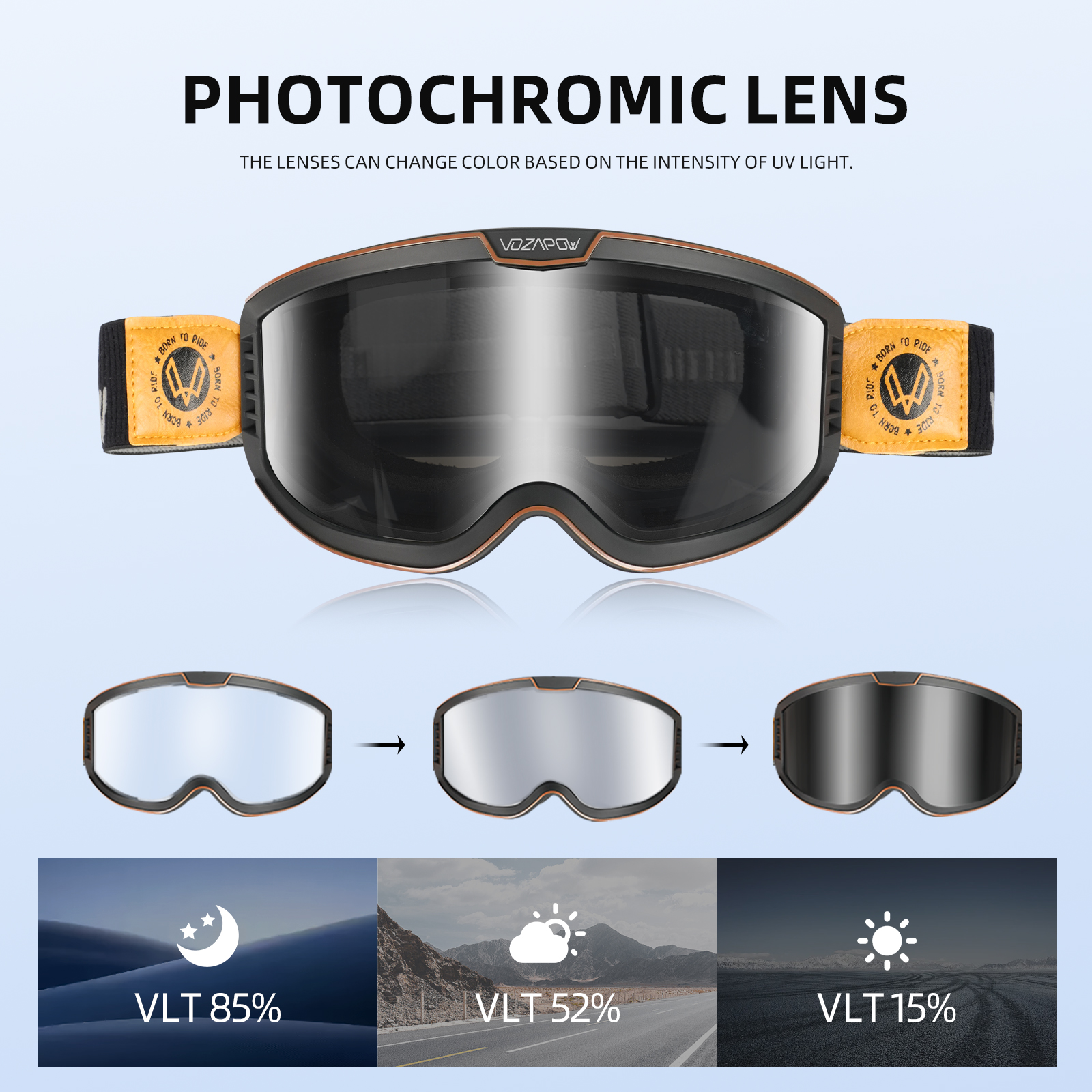 Vozapow Motorcycle Goggles Photochromic 3 IN 1 Retro Cycling Sunglasses Anti-Fog Windproof Polarized Motocross Riding Glasses