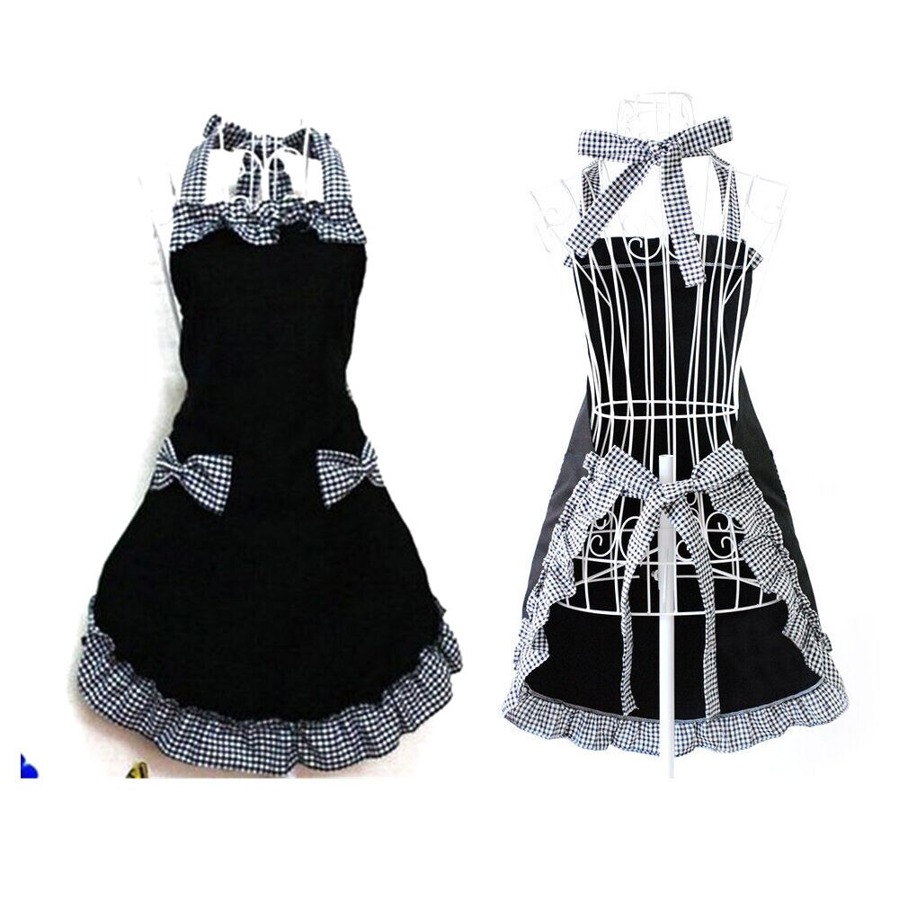 Cute Bar Cleaning Dress Bib Cooking Baking Restaurant Aprons Women Lady Adjustable kitchen apron Flirty Vintage Bowknot Pockets: Black