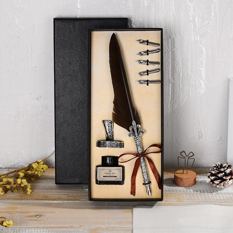 Vintage Antique Feather Dip Pen Metal Nibbed Ink Writing Quill Pen Retro Scrapbooking Feather Pen Set Birthday: 11