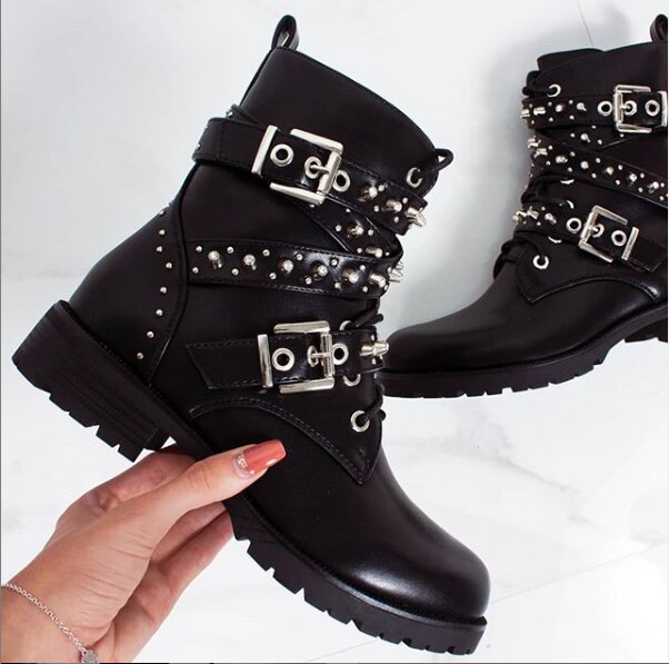[gogd] botines negros con hebilla y correa para mujer, zapatos con remaches, zapatos punk de motocicleta de pu para mujer: 6