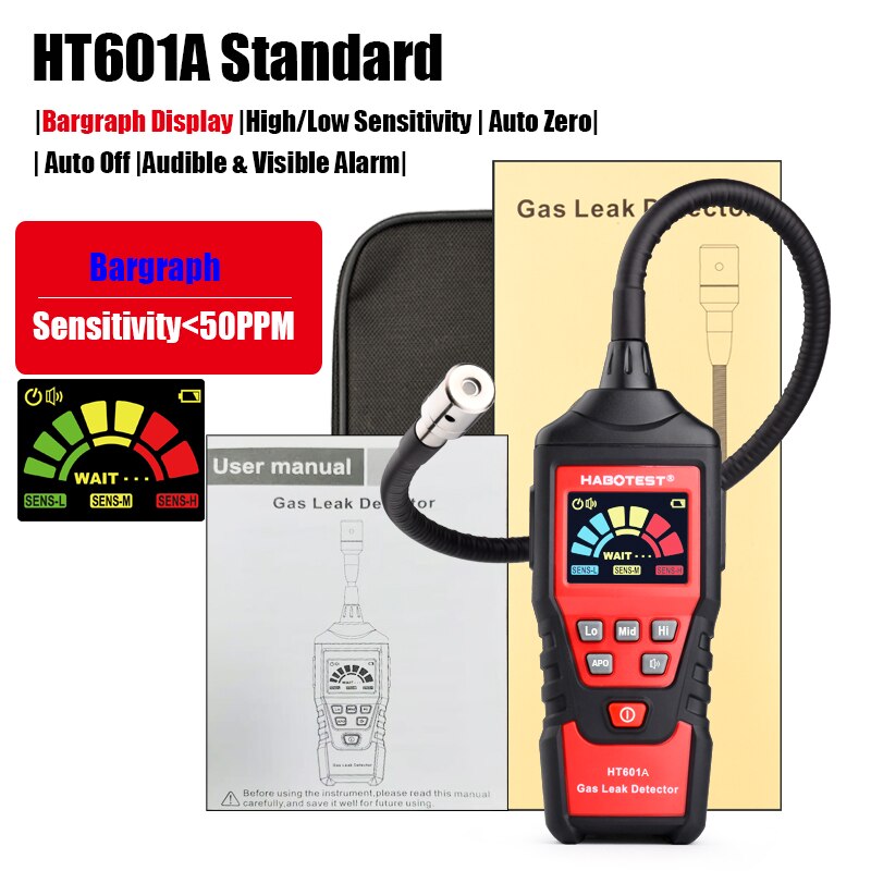 HABOTEST HT601 Combustible Gas Leak Detector 9999 PPM Meter Flammable Natural Analyzer Tester Sound Light Alarm LCD Color: HT601A Standard