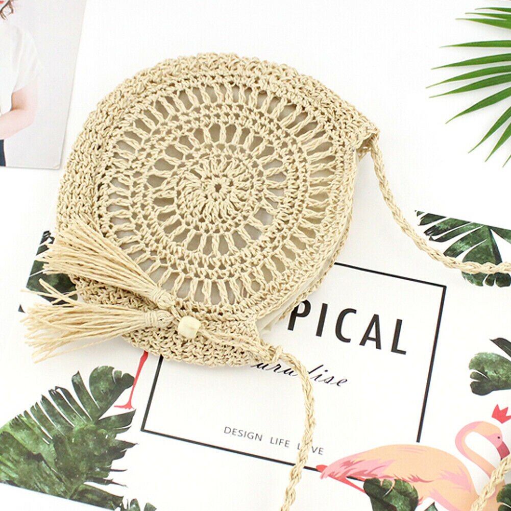 Strozak Rotan Geweven Ronde Kwastje Messenger Handtas Schoudertas Tote Purse Rits Zak Ronde Pluizige Geweven Tote Handtas