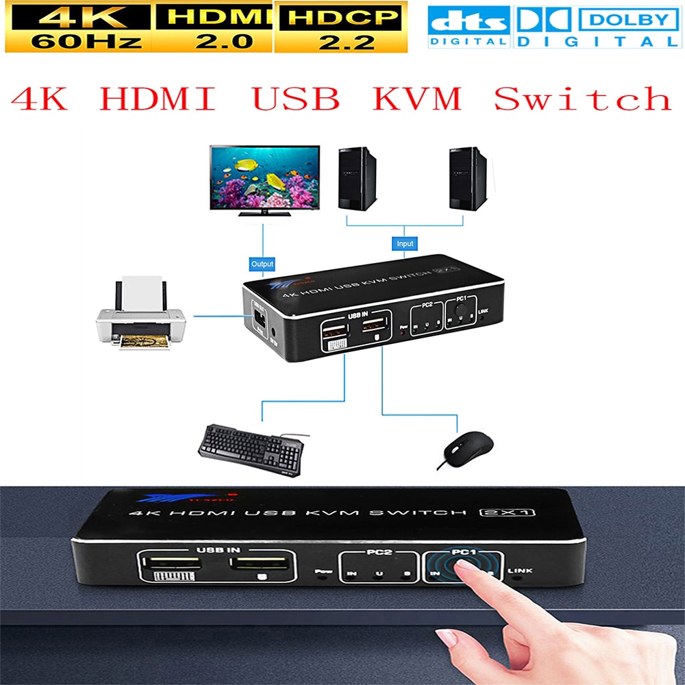 2 port hdmi usb kvm 4k switcher splitter 4k @ 60hz rgb/yuv 4 ： 4 ： 4 hdr hdmi 2.0 switcher 2 x 1 för att dela skrivarens tangentbordsmus