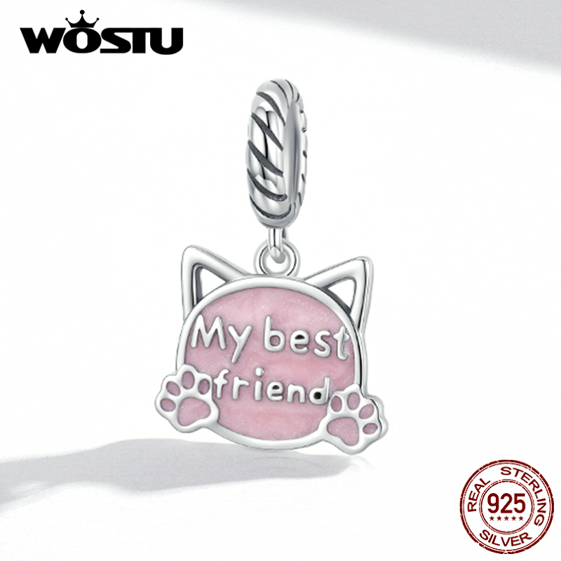 WOSTU argento Sterling 925 gatto rosa scritta il mio migliore amico fascino perline misura braccialetto originale gioielli fai da te CTC519