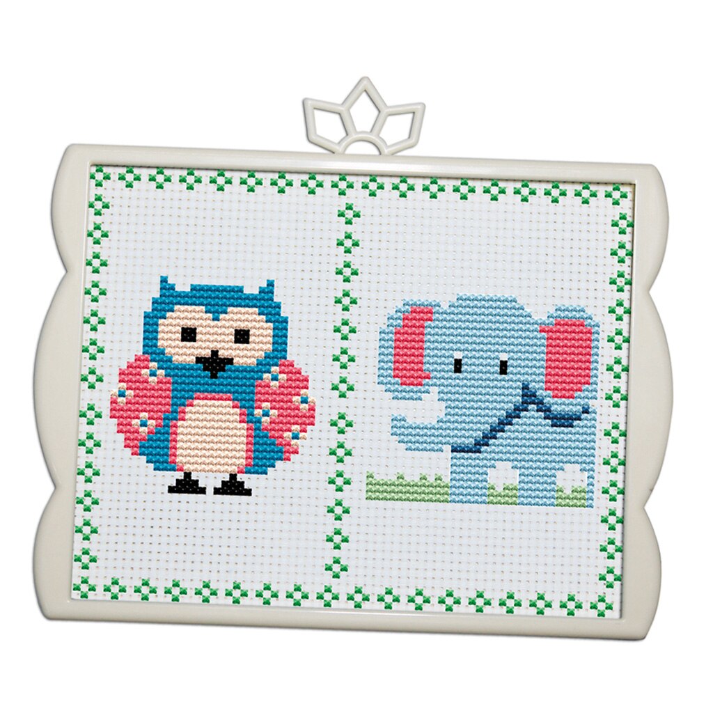 Printed Cross Stitch Kits Bear Owl Elephant Dog Patterns for Baby Kids: Owl Elephant