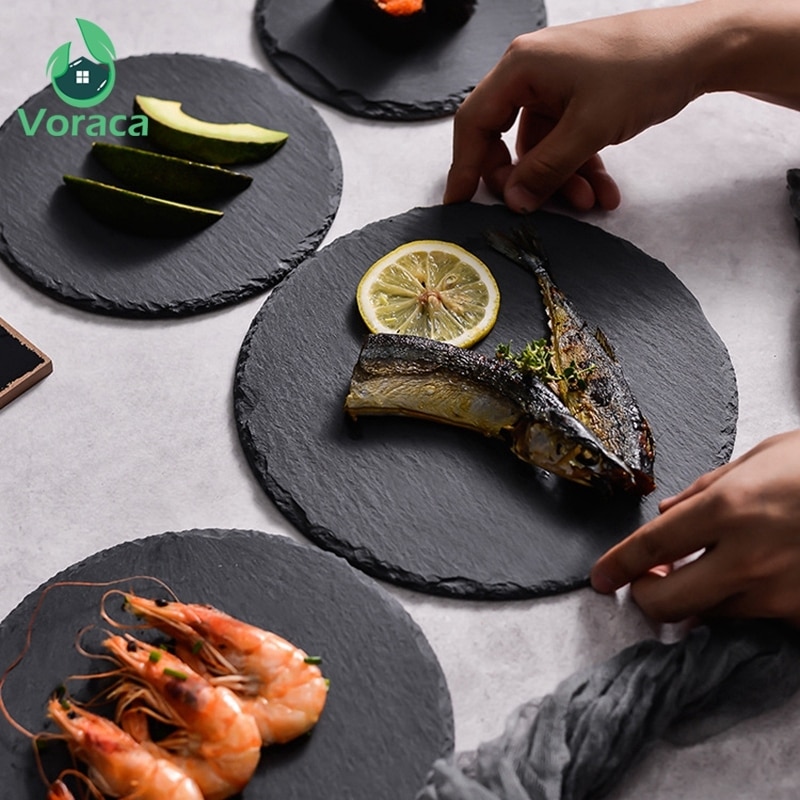 Naturalne łupki płytkie talerze na stek makaron Sushi kuchnia jedzenie w restauracji danie spodek okrągły deser ciasto naczynia Pizza taca na owoce