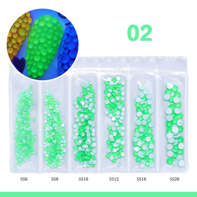 Diamantes de imitación fluorescentes para decoración de uñas, gemas de neón de tamaño mixto, arte de uñas, diamantes 3D, decoraciones DIY, 6 rejillas: 02 Green