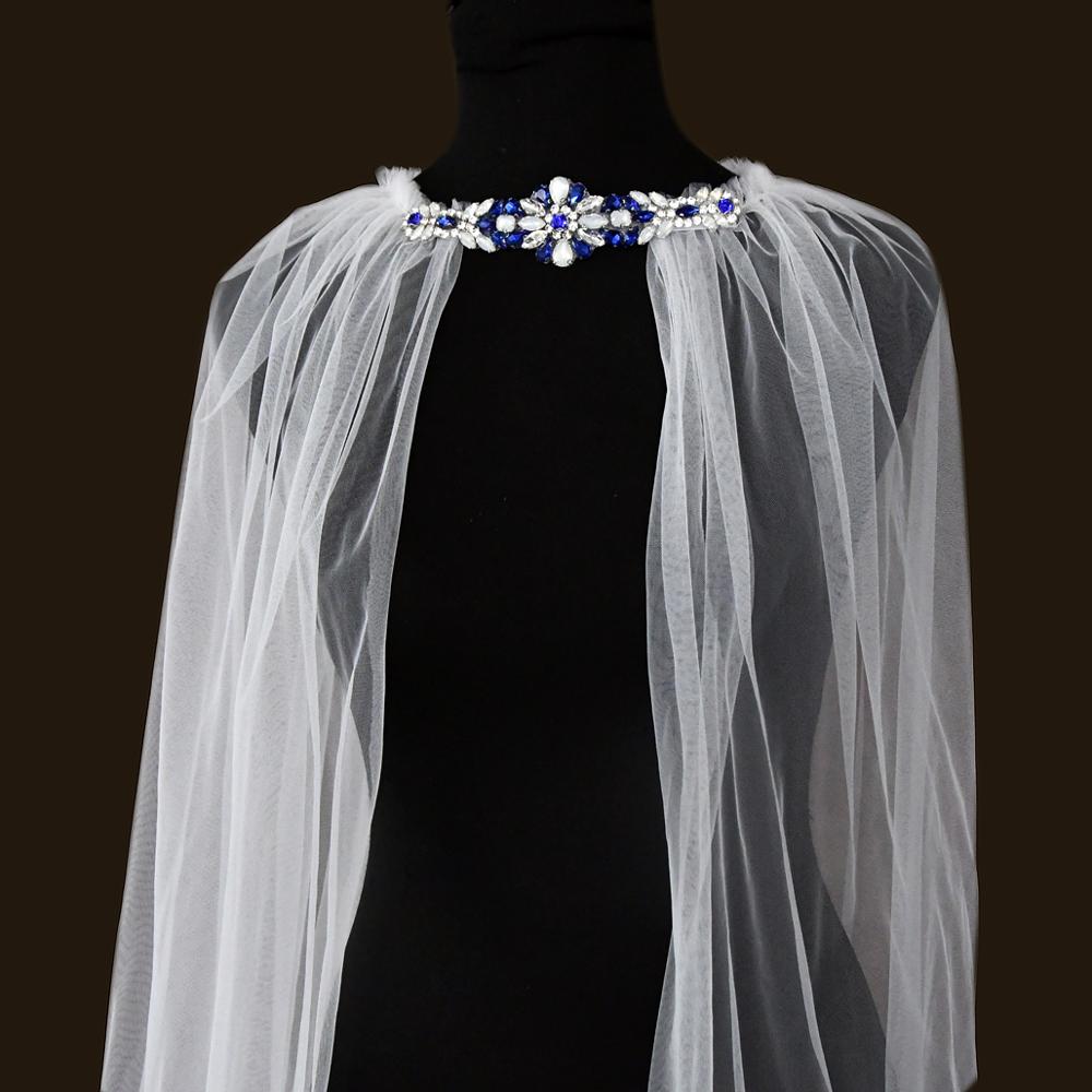ZMG28 3M Long Wedding Shawl Tulle Blue Rhinestone Bridal Cape Cloak Shawl Cover over the Shoulder for Formal Party Women's cape