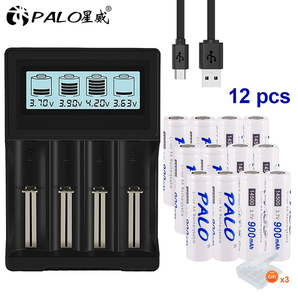 PALO 3.7V 18650 batterij oplader voor 18650 26650 16340 14500 lithium batterij + 14500 AA Li-Ion Oplaadbare Batterij: 12pcs and charger